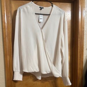Express Cream Faux-Wrap V-Neck Blouse